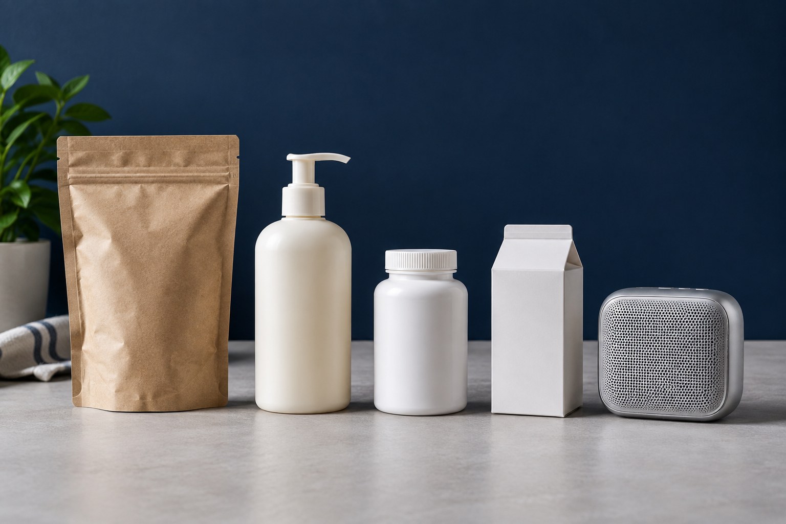 Illustrative studio still life representing grocery, personal care, health products and consumer electronics.